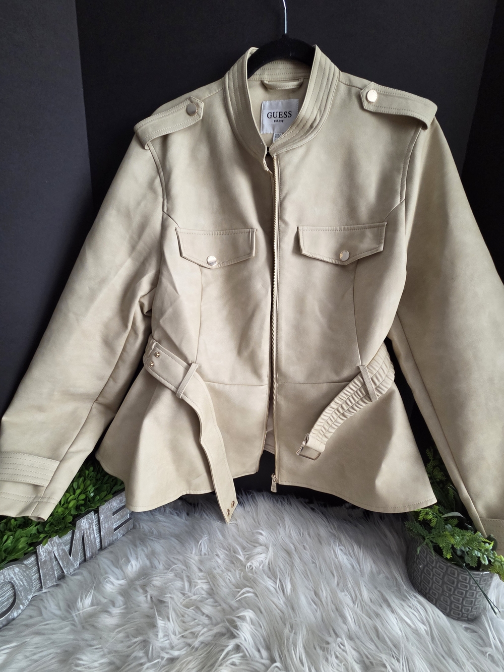 GUESS Tan Faux Suede Peplum Military Zipper Jacket with Belt. Women Size XL